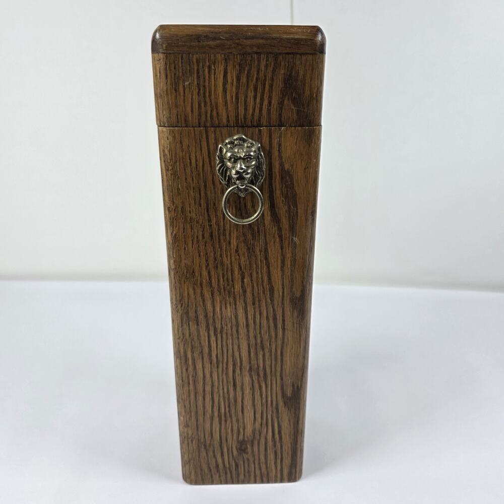 Vintage Brass Lion Knocker Hinged Wood Fireplace Long Match Stick Box MCM